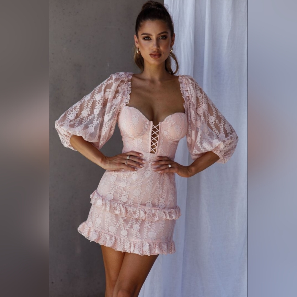 HEMINGWAY CRISS-CROSS BUST BALLOON SLEEVE FRILL TRIM LACE DRESS BLUSH